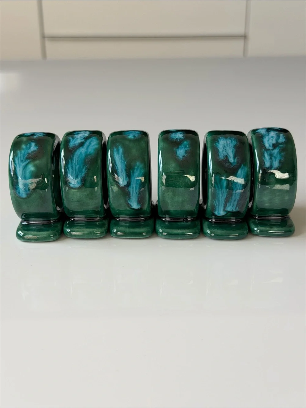 Vintage Drip Glaze Ceramic Napkin Rings - Set Of 6 Emerald & Turquoise